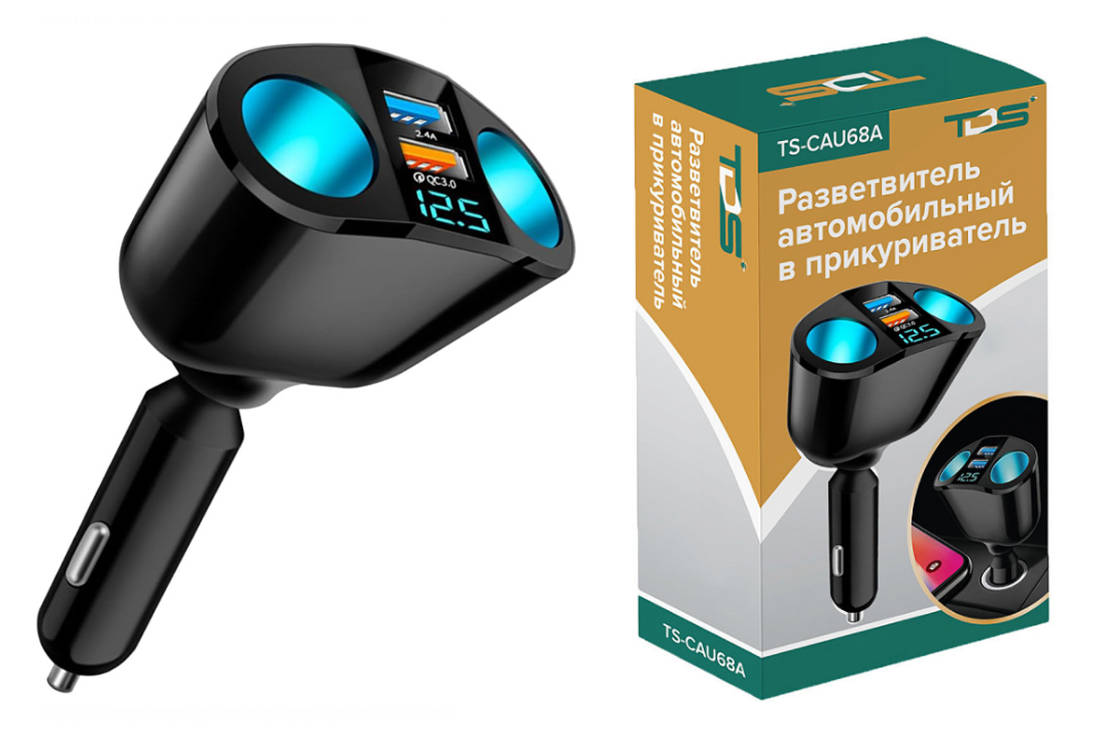 TDS TS-CAU68А Разветвитель авто (2 гнезда + USB + QC3.0)