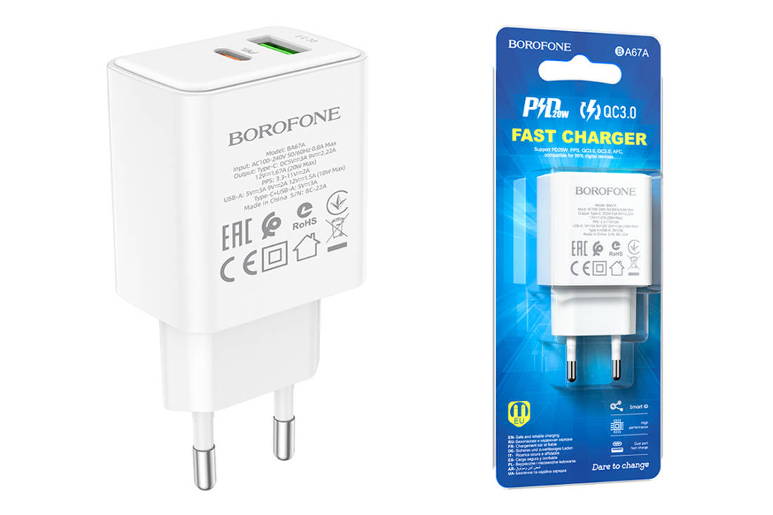 Сетевое зарядное устройство USB + USB-C BOROFONE BA67A Resource PD+ QC 3.0  (белый)