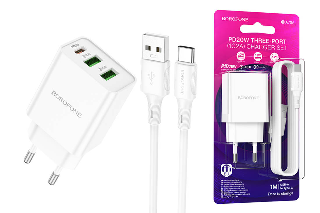 Сетевое зарядное устройство 2USB + USB-C + кабель Type-C BOROFONE BA70A  PD20W (белый) купить оптом в Екатеринбурге с доставкой по всей России