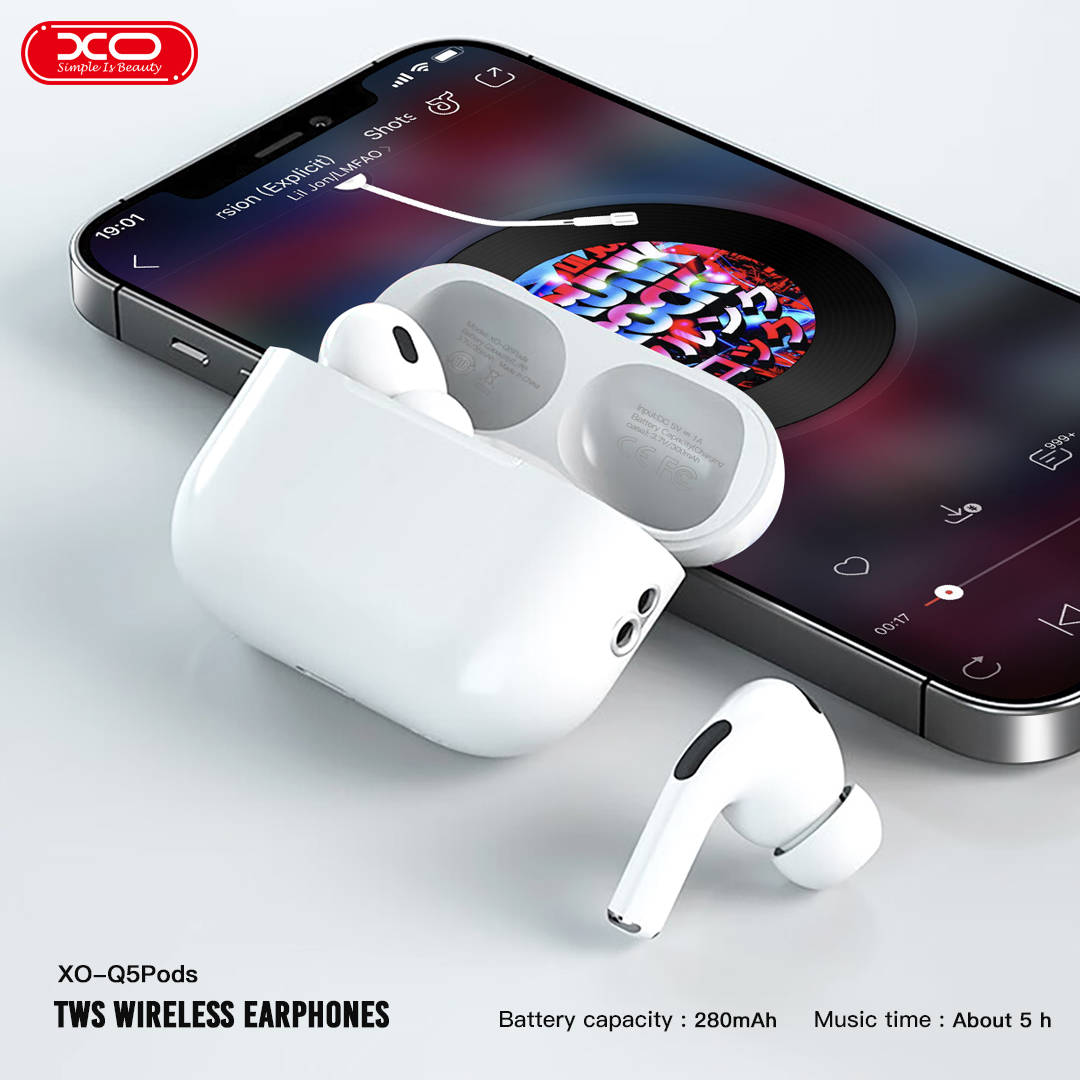 Наушники вакуумные беспроводные XO Q5Pods Bluetooth (5th generation Full  configuration with in ear detection and wireless charging function) (Белые)