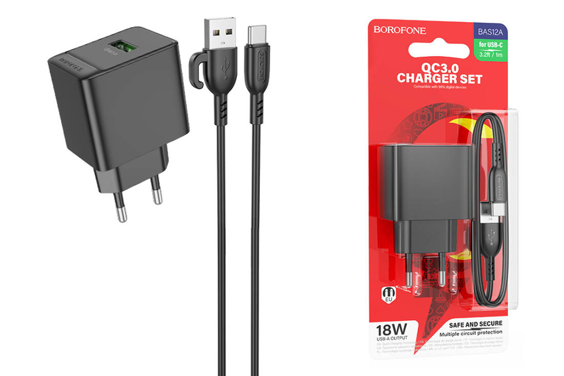 Сетевое зарядное устройство USB + кабель Type-C BOROFONE BAS12A Erudite  QC3.0 (черный) купить оптом в Екатеринбурге с доставкой по всей России