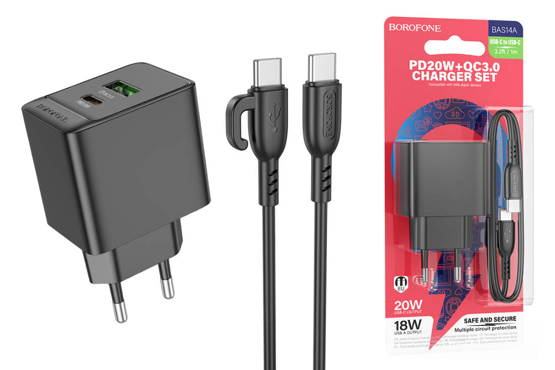 Сетевое зарядное устройство USB+USB-C + кабель Type-C-Type-C BOROFONE  BAS14A Erudite PD20W + QC3.0 (черный) купить оптом в Екатеринбурге с  доставкой по всей России