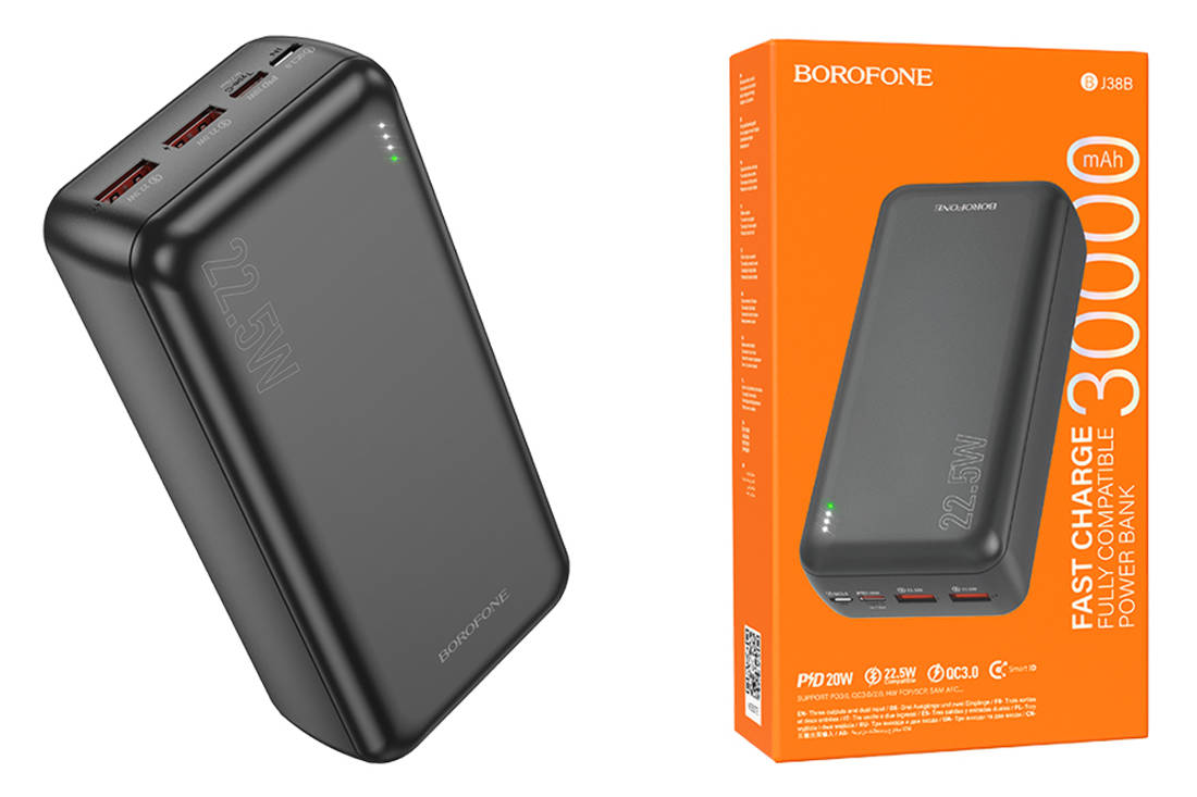 Универсальный дополнительный аккумулятор Power Bank BOROFONE BJ38B 22.5W+  PD20W (30000 mAh) (черный) купить оптом в Екатеринбурге с доставкой по всей  России