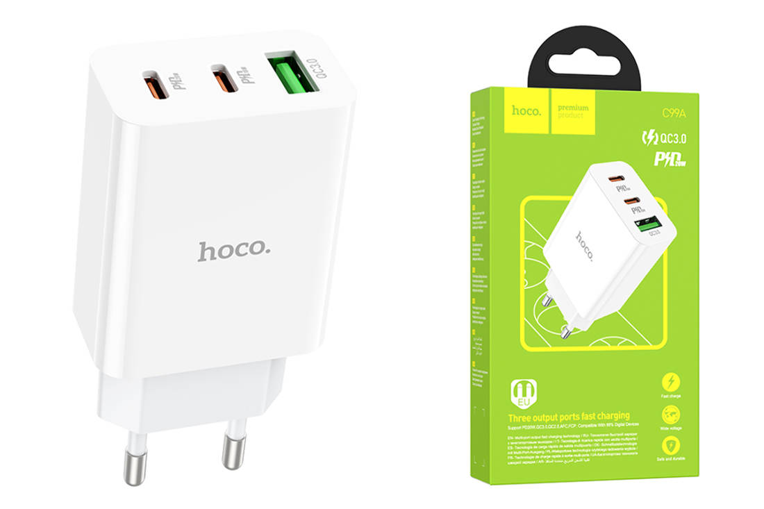 Сетевое зарядное устройство 2USB-C + USB HOCO C99A PD 20W+QC3.0 (белый)  купить оптом в Екатеринбурге с доставкой по всей России