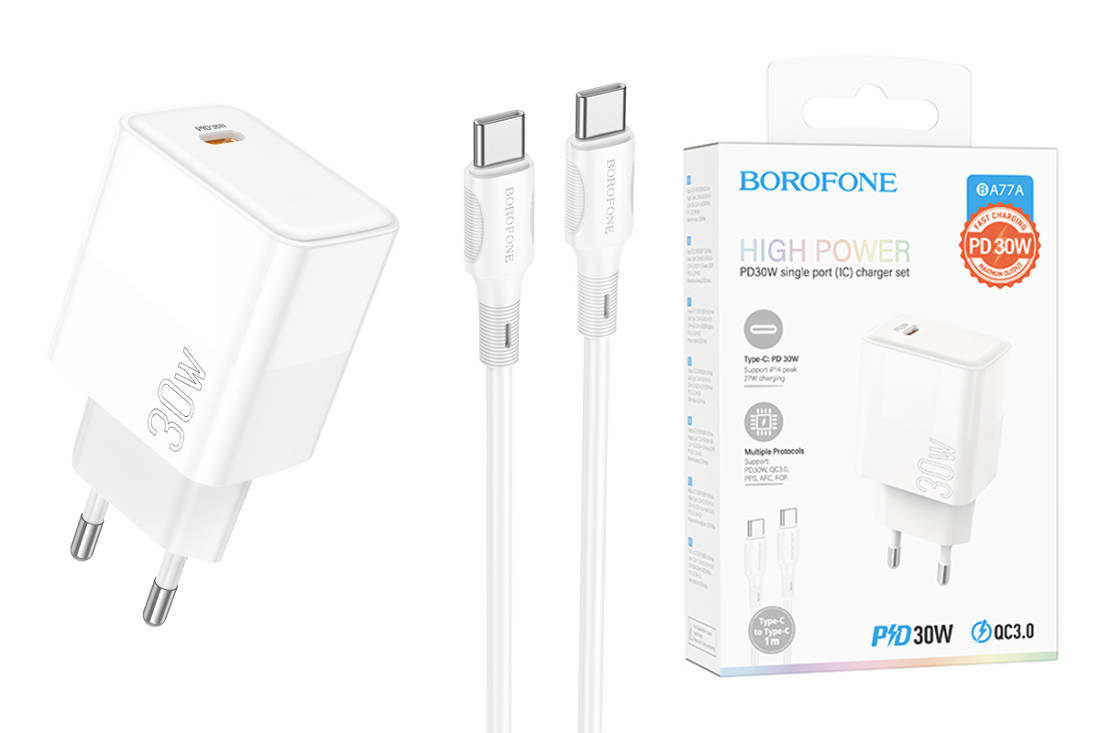 Сетевое зарядное устройство USB-C + кабель Type-C BOROFONE BA77A PD30W  (белый) купить оптом в Екатеринбурге с доставкой по всей России