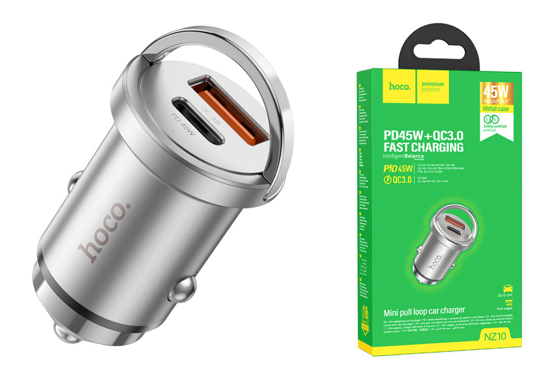 Автомобильное зарядное устройство АЗУ USB + USB-C HOCO NZ10 Handy QC3.0 +  PD25W (серебряный) купить оптом в Екатеринбурге с доставкой по всей России