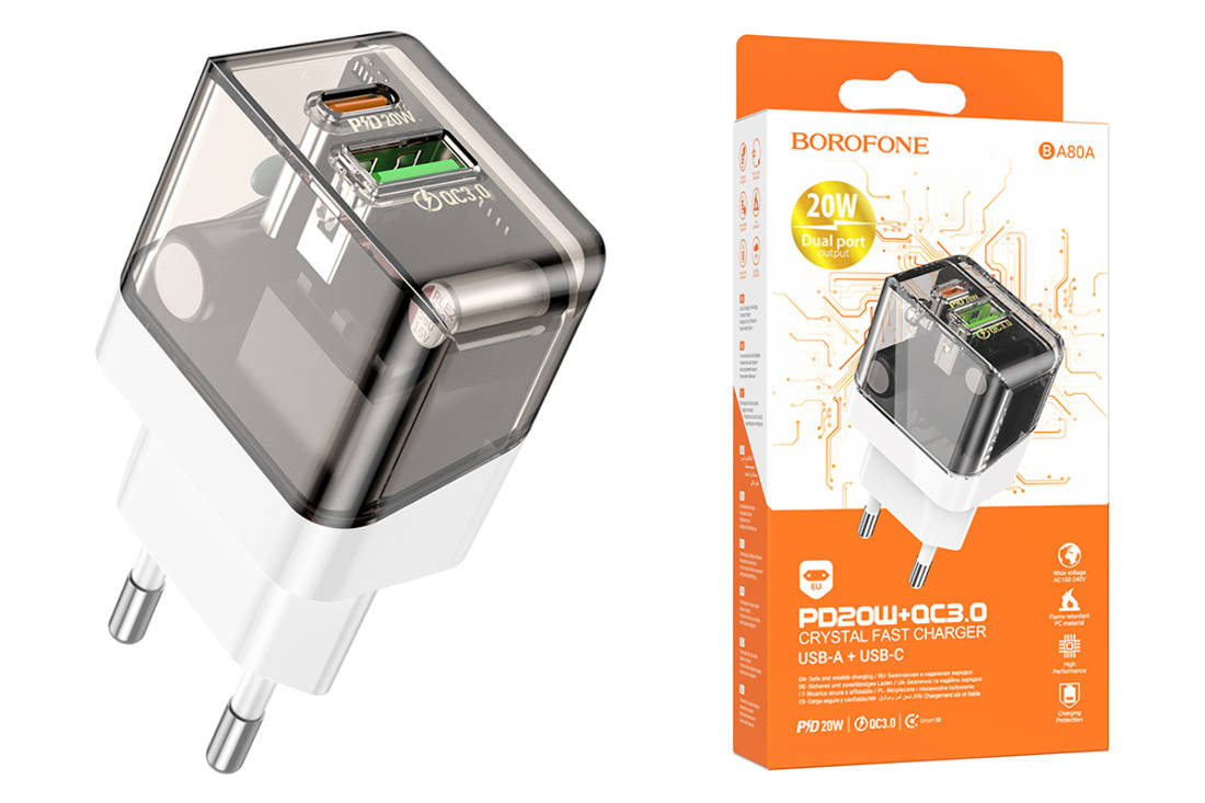 Сетевое зарядное устройство USB-C + USB BOROFONE BA80A PD 20W + QC3.0  (прозрачный) купить оптом в Екатеринбурге с доставкой по всей России