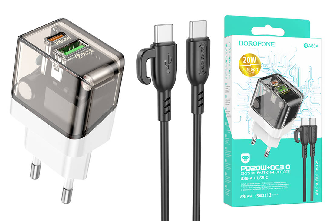 Сетевое зарядное устройство USB+USB-C + кабель Type-C-Type-C BOROFONE BA80A  Powerful PD20W + QC3.0 (прозрачный) купить оптом в Екатеринбурге с  доставкой по всей России