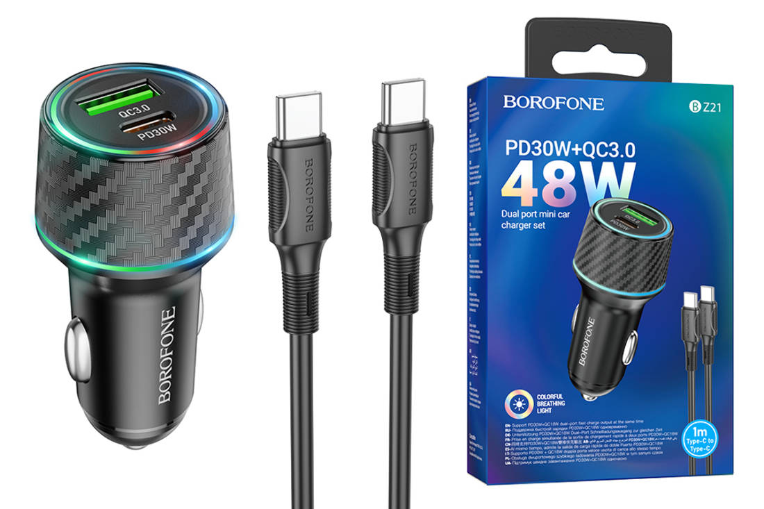 Автомобильное зарядное устройство АЗУ USB + Type-C + кабель Type-C - Type-C  Borofone BZ21 PD30W + QC3.0 (черный) купить оптом в Екатеринбурге с  доставкой по всей России