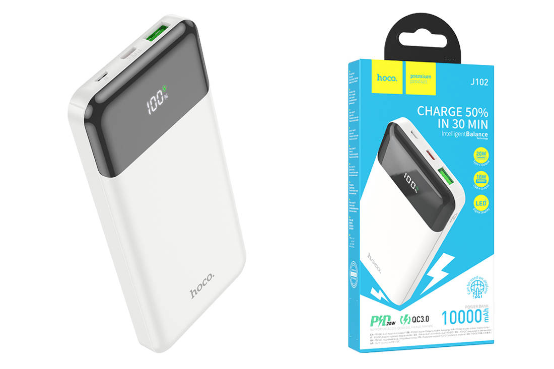 Универсальный дополнительный аккумулятор Power Bank HOCO J102 Cool figure  PD20W + QC3.0 (10000 mAh) (белый)