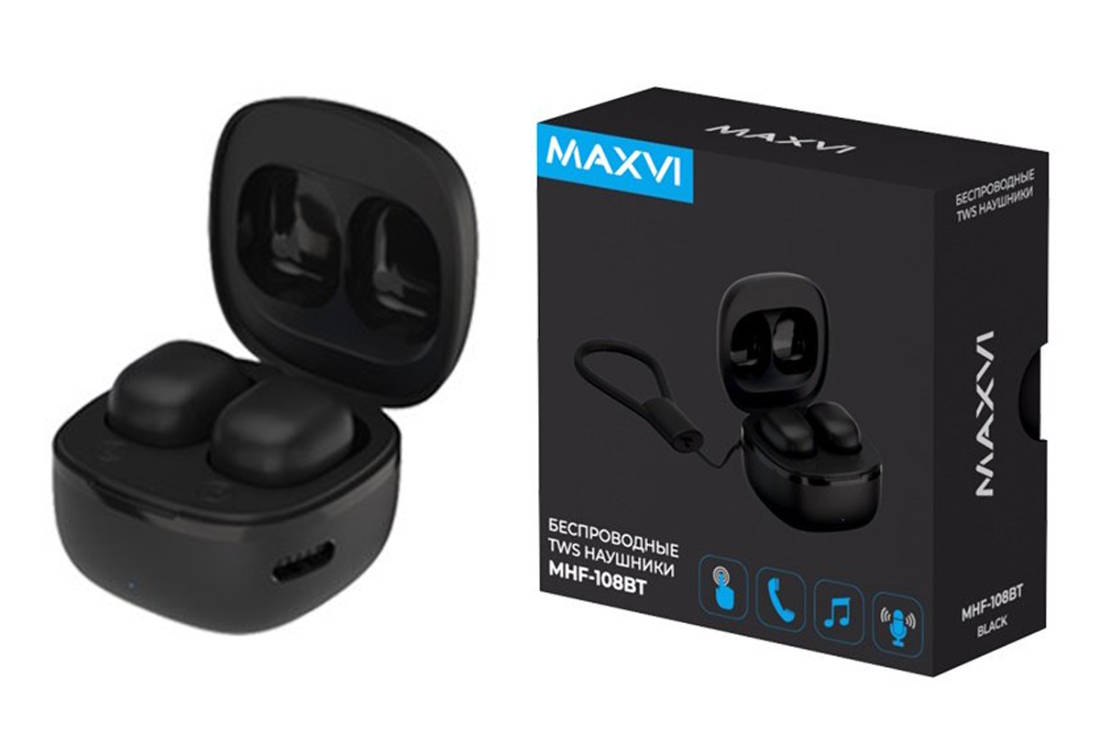 Bluetooth наушники Maxvi MHF-108 BT черные TWS купить оптом в Екатеринбурге  с доставкой по всей России