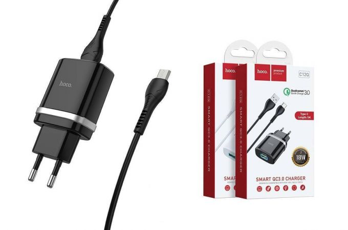 Сетевое зарядное устройство 2USB + кабель MicroUSB HOCO C12Q (быстрая зарядка) 3000 mAh (черный)