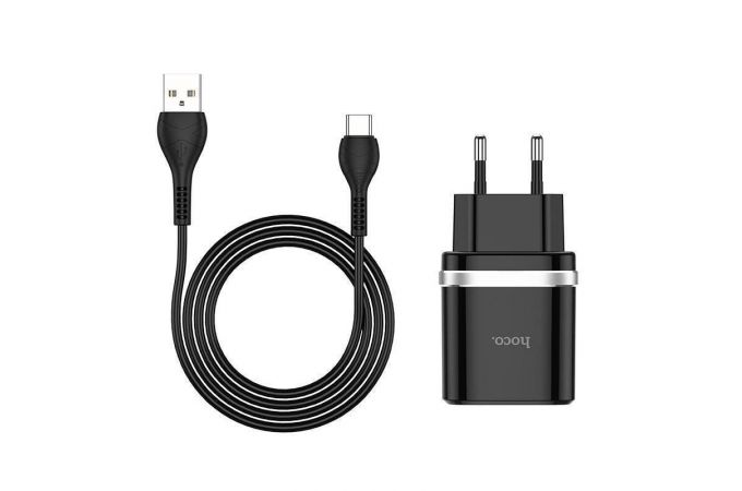 Сетевое зарядное устройство 2USB + кабель MicroUSB HOCO C12Q (быстрая зарядка) 3000 mAh (черный)