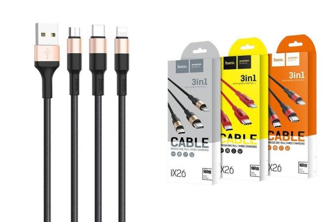 Кабель USB 3 в 1 HOCO X26 lightning/Micro/Type-c (черно-золотистый) 1м