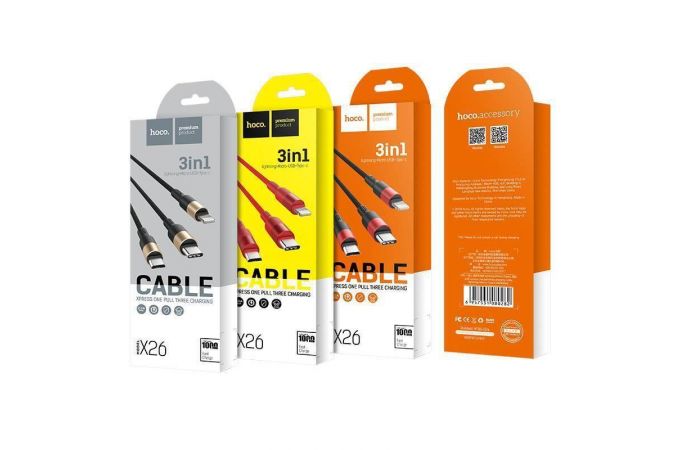 Кабель USB 3 в 1 HOCO X26 lightning/Micro/Type-c (черно-золотистый) 1м