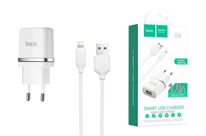 Сетевое зарядное устройство USB + кабель Lightning HOCO C11 1000 mAh(белый)