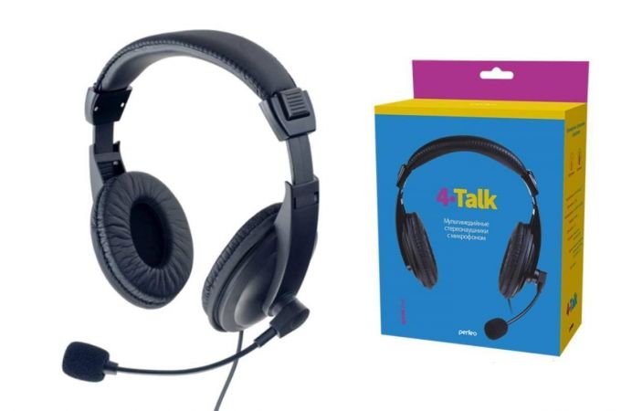 Наушники мониторные проводные с микрофоном Perfeo 4TALK переходник (черный)