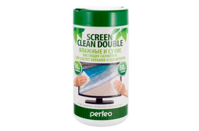 Чистящие салфетки Perfeo "Screen Clean Double", 50 сухих и 50 влажных, в тубе