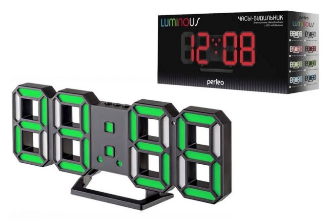 Часы настольные-будильник  Perfeo LED "LUMINOUS 2" (PF-6111) PF_B4926 (черный корпус / зеленая подсветка)