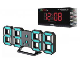 Часы настольные-будильник  Perfeo LED "LUMINOUS 2" (PF-6111) (У) (черный корпус / синяя подсветка)