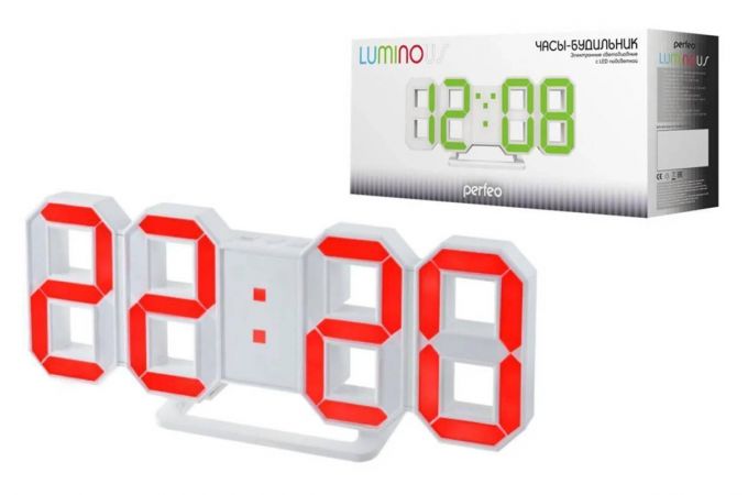 Часы настольные-будильник  Perfeo LED "LUMINOUS" (PF-663) PF_5201 (белый корпус / красная подсветка)