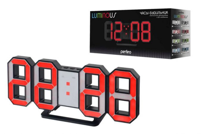 Часы настольные-будильник  Perfeo LED "LUMINOUS" (PF-663) (У) (черный корпус / красная подсветка)