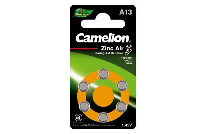 Батарейка часовая для слуховых аппаратов Camelion A13/6BL  ZincAir