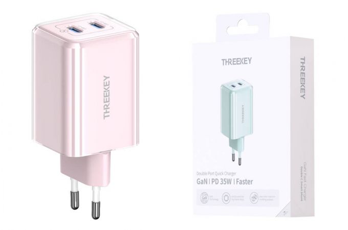 Сетевое зарядное устройство USB THREEKEY TK-111 (EU) Intelligent Shunt 35w Dual TYPE-C Port Gallium Nitride Charger (розовый) (LUX от XO)