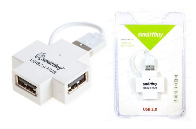 Разветвитель USB HUB 2.0 Хаб Smartbuy 6900, 4 порта, белый (SBHA-6900-W)