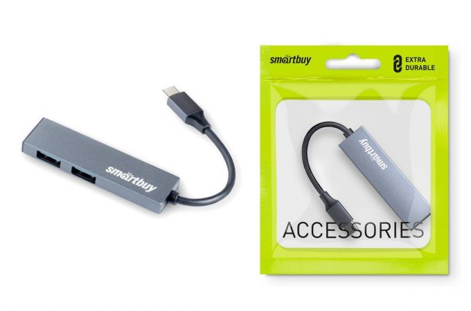 Разветвитель USB HUB Type-C Хаб Smartbuy 460С 2 порта USB 3.0, металл.корпус, серый (SBHA-460С-G)