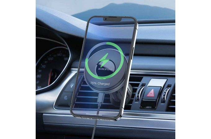Держатель автомобильный для телефона BOROFONE BH202 magnetic wireless Fast charger в решетку воздуховода серый