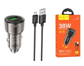 Автомобильное зарядное устройство АЗУ USB + USB-C + кабель MicroUSB HOCO Z52 Spacious PD38W (черный прозрачный)