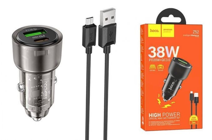 Автомобильное зарядное устройство АЗУ USB + USB-C + кабель MicroUSB HOCO Z52 Spacious PD38W (черный прозрачный)