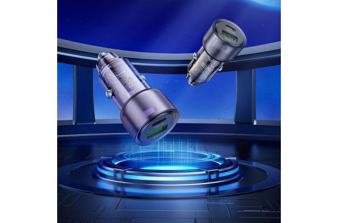 Автомобильное зарядное устройство АЗУ USB + USB-C + кабель MicroUSB HOCO Z52 Spacious PD38W (черный прозрачный)