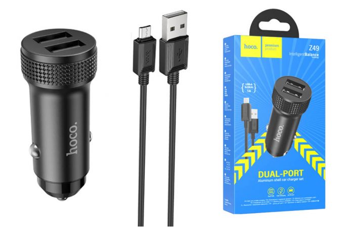 Автомобильное зарядное устройство АЗУ 2USB + кабель MicroUSB HOCO Z49 (черный)