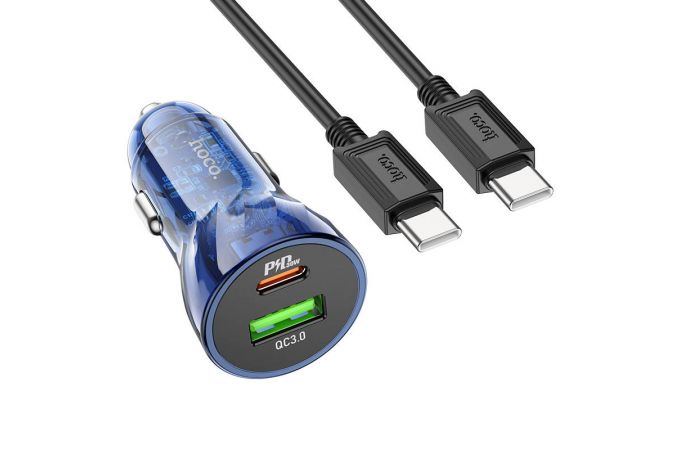 Автомобильное зарядное устройство АЗУ USB + Type-C + кабель Type-C HOCO Z47A Blue PD30W + QC3.0 (черный прозрачный)