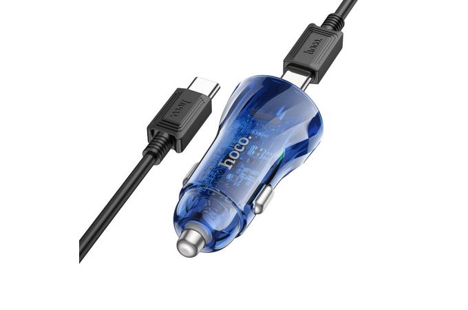 Автомобильное зарядное устройство АЗУ USB + Type-C + кабель Type-C HOCO Z47A Blue PD30W + QC3.0 (черный прозрачный)