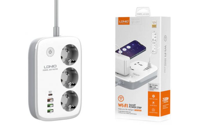 Сетевой фильтр LDNIO SEW3452 2м/ Wi-Fi упр./ 3 розетки/ 4 USB: QC 3.0/ PPS/ PD 3.0 30W/ White