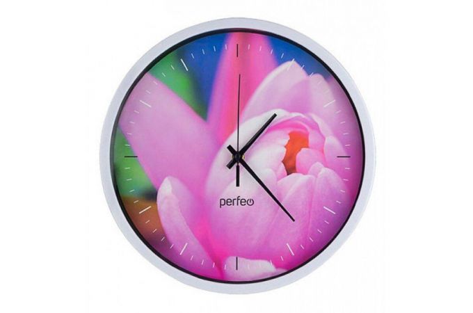 Настенные часы Perfeo "PF-WC-003", круглые д. 30 см, белый корпус / Тюльпаны циферблат
