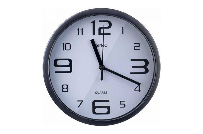 Настенные часы Perfeo "PF-WC-003"(С1), круглые д. 30 см, чёрный корпус / белый циферблат