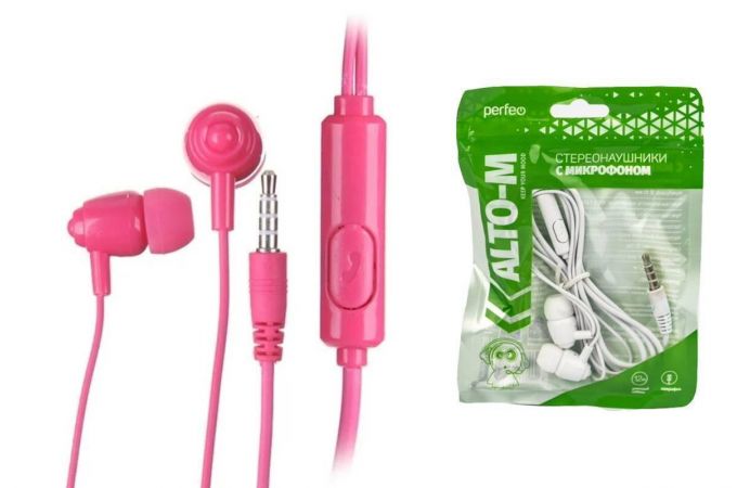Наушники вакуумные проводные Perfeo ALTO-M c микрофоном (розовый)