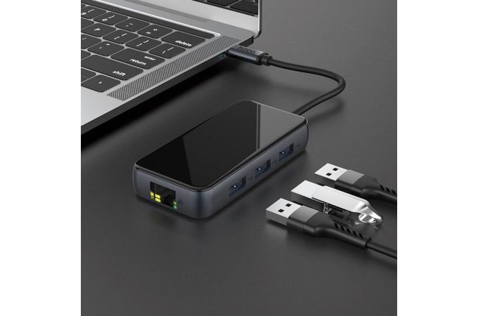 Разветвитель USB HUB Type-C (M) --> HDMI (F) + USB3.0 (F) + Type-C PD + RJ45 (F) HOCO HB16