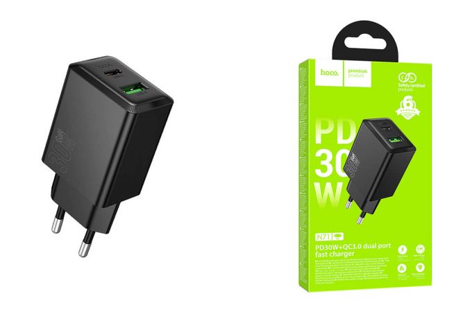 Сетевое зарядное устройство USB + USB-C HOCO N71 Nuevo PD30W+QC3.0 (черный)