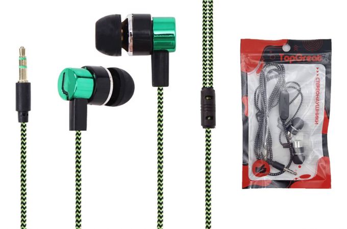 Наушники вакуумные проводные TOPGREAT c микрофоном (зеленый)