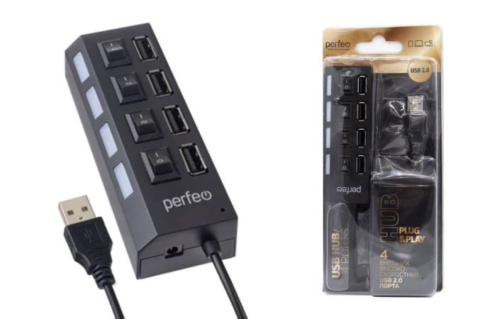 Разветвитель USB HUB Perfeo 4 Port, (PF-H030 Black) чёрный