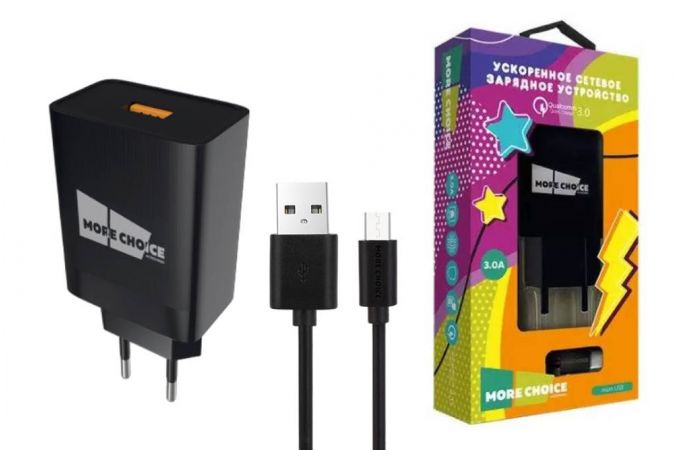 Сетевое зарядное устройство USB + кабель Micro More choice NC52QCm 3.0A QC3.0 быстрая зарядка (Black)