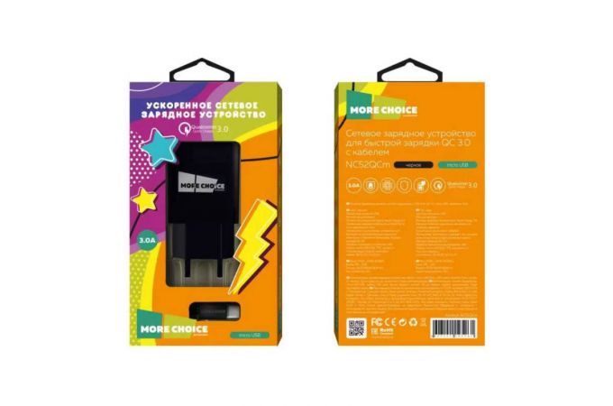 Сетевое зарядное устройство USB + кабель Micro More choice NC52QCm 3.0A QC3.0 быстрая зарядка (Black)