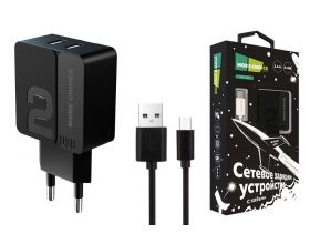 Сетевое зарядное устройство 2USB + кабель MicroUSB More choice NC46m  2.4A 1м (Black Black)