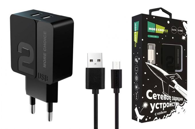 Сетевое зарядное устройство 2USB + кабель MicroUSB More choice NC46m  2.4A 1м (Black Black)