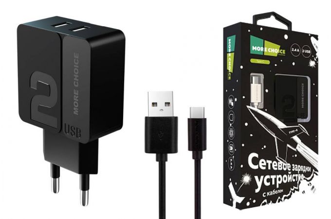 Сетевое зарядное устройство 2USB + кабель Type-C More choice NC46a 2.4A 1м (Black Black)